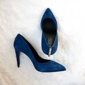 $499 Loriblu Italy Suede Blue Pumps Metal Accents High Heels Pointy Toe 40IT